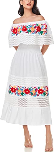 Image of YZXDORWJ Women Embroidered Mexican Peasant Casual Sexy Lace Off-Shoulder Long Dress