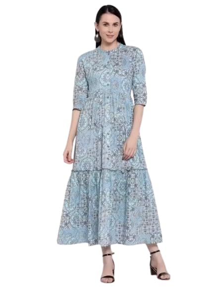 indibelle Women's Maxi Dress, Blue Floral Print, 3/4 Sleeve, Tiered A-Line Style, Ankle Length-picture-4