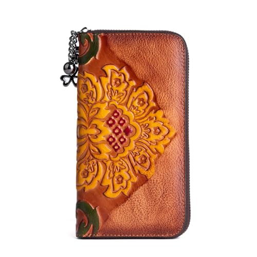 Women Long Wallet Vintage Embossing Ethnic Style Card Holder Genuine Leather Clutch Large Capacity Multi Pocket Purse