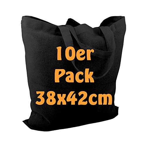 Cottonbagjoe - Bolsa de algodón de yute sin impresión con dos asas cortas, 38 x 42 cm, certificado Öko-Tex 100 Standard, color negro, 10 unidades