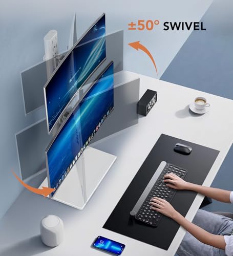 Image of Dual Monitor Stand - Vertical Stack Screen Free-Standing Monitor Riser Fits Two 13 to 34 Inch Screen with Swivel, Tilt, Height Adjustable, Holds One (1) Screen up to 44Lbs HT05W-002 White