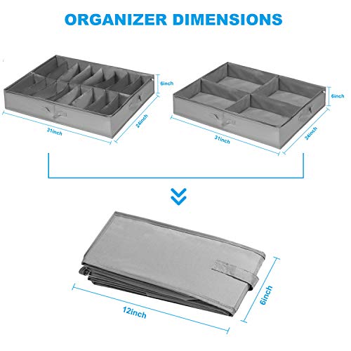 Under Bed Shoe Storage Box Set of 2, Fits 16+4 Pairs Boots Total, Underbed Shoe Storage Organiser with Reinforced Handles, Clear Foldable Shoes Containers Adjustable Dividers with Bottom Support