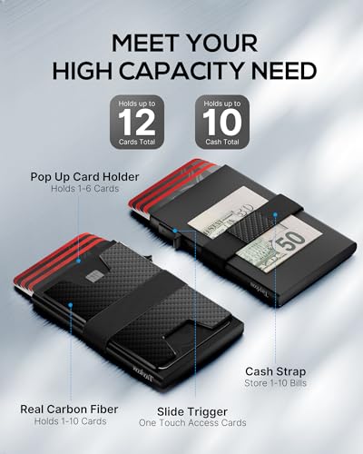 Mens Wallet Card Holder - Metal Pop Up Card Case, Real Carbon Fiber, Smart, Minimalist, RFID Blocking, Slim, Thin, Front Pocket - Holds up to 12 Cards and 10 Bills2