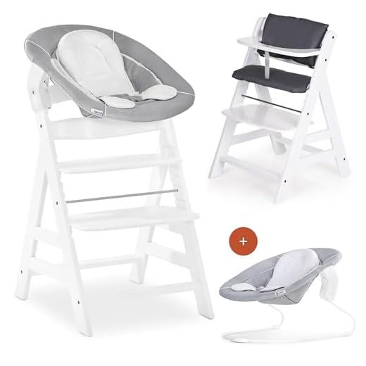 Hauck Alpha Plus Newborn Set - Chaise Haute Bébé en Bois - Évolutive dès naissance/Inclus Transat pour nouveau-né, Coussin assise, Hauteur réglable - blanc/gris