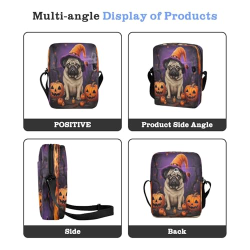 Crossbody Bag Pug Dog Halloween Pumpkin Messenger Bag for Women Men Purse Shoulder Bag Satchel Bag with Adjustable Strap 202a10754