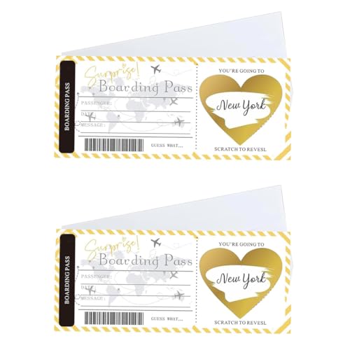 MUNZE Carte À Gratter Voyage Surprise, 2 Cartes, Blanc Or, 20Cm De Long X 9Cm De Large, Billet Avion Personnalisable, Cadeau Anniversaire Evjf