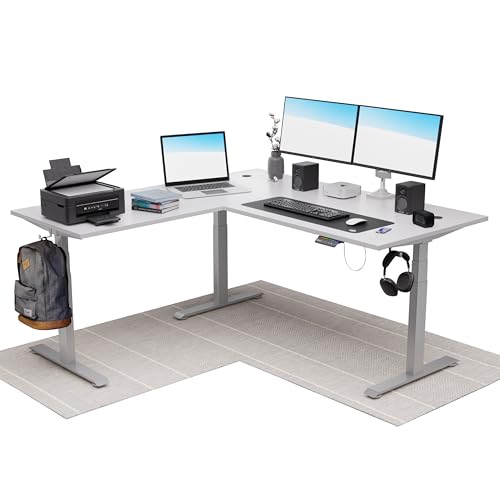 Image of Intellidesk Studio L Shaped Standing Desk Corner Electric Height Adjustable Standing Desk, Sit Stand Computer Workstation with 3-Stage Triple Motor System (White+White, 60(M) * 30 * 60(R) Inches)
