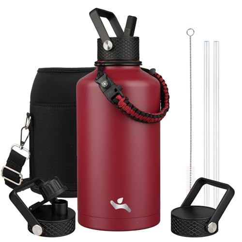 Insulated Water Bottle with Straw,87 oz 3 Lids Water Jug with Carrying Bag,Paracord Handle,Double Wall Vacuum Stainless Steel Metal Flask,Dark Red