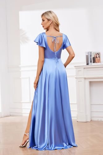 Ruffle Sleeves Satin Bridesmaid Dresses Long A-Line Square Neck Formal Wedding Guest Dress with Slit2