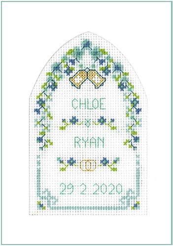 Lifetime Samplers & Decorative Textiles Turquoise Arched Wedding Day card - complete cross stitch kit on 16 aida with clear COLOUR chart
