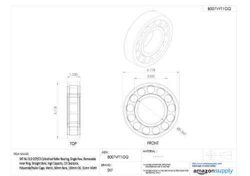 image for SKF NU 312 ECP/C3 Cylindrical Roller Bearing, Single Row, Removable In