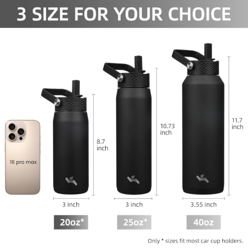 Image of Konokyo 20oz Insulated Stainless Steel Water Bottle with 3 Lids, Leakproof BPA-Free Bottle with Straw Lid, Sip Lid and Flex Cap for Gym, Travel, School, Office, Black