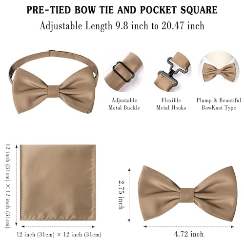Image of HISDERN Bow Ties for Men Solid Color Pre-Tie Bow Tie and Pocket Square Set Classic Formal Tuxedo Bowties for Wedding Party