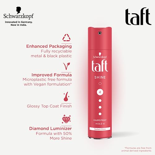 Image of Schwarzkopf TAFT Shine Hair Spray For Shinner Hair With Diamond Luminizer Formula Hold 4, Lasts 24Hr+ Protects From Wind And Humidity, No Stickiness, Easy To Brush Out, For Salon Like Finish - 250Ml