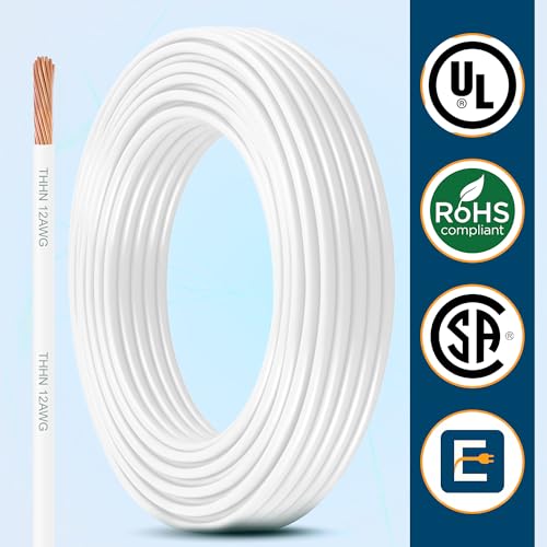 Image of THHN Wire 12 Gauge (12 AWG) 50 FT - Stranded Copper Building Wire for Panel /Control Wiring, Grounding & Lighting Circuits (Residential /Industrial), UL Listed, 600V, THWN-2, PVC /Nylon Jacket, White