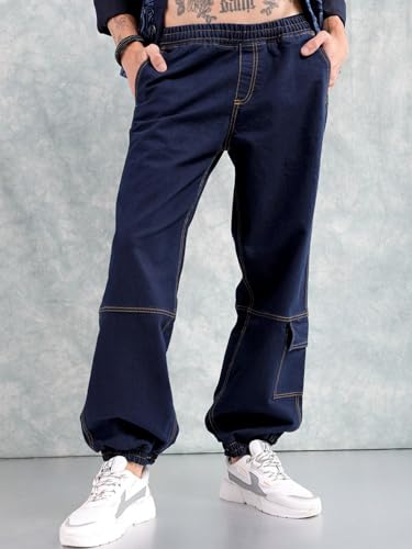 Image of The Indian Garage Co Men Loose Fit Solid Mid-Rise Stretchable Denim Joggers