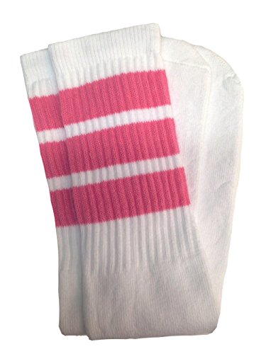 Chaussettes tube hauteur genou Skatersocks 25 pouces blanches avec rayure rose