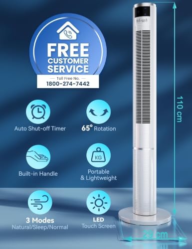 Image of HIFRESH 110CM Tower Fan for Room, Remote & Touch, 3 Speeds &3 Modes, 7H Timer, 25dB Silent Operation, High Speed Bladeless Fan for Home, 65 Oscillation Cover Room up to 25㎡, 50W Low Power Consumption