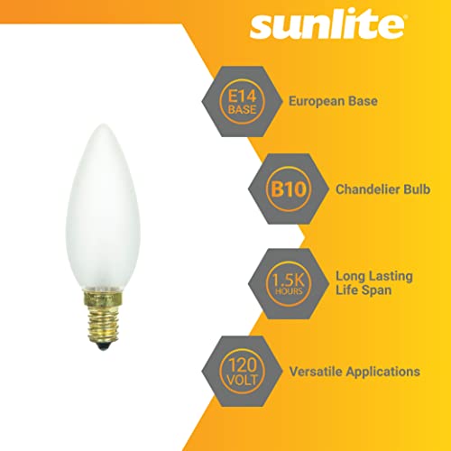 Sunlite 40102 Incandescent Torpedo Tip Frosted Chandelier Light Bulb, 60 Watts, 520 Lumens, European Base (E14), Dimmable, For Chandeliers, Lamps, Fixtures, 12 Count #TOP2