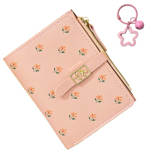 Girls Wallet, Cute Flowers Small Wallet for Kids with Credit Card Holder Cash Slot ID Window Zipper Coin Pocket, PU Leather Purses for Girls Women, with A Flower keychain
