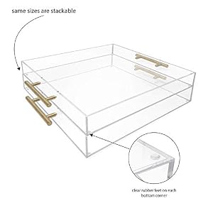 Isaac Jacobs Clear Acrylic Serving Tray 15×15 with Gold Metal Handles Spill Proof Stackable Organizer Food Drinks Server IndoorsOutdoors Lucite Storage Decor 15×15 Clear with Gold Handle