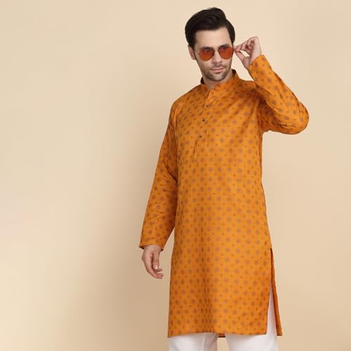 Image of KRAFT INDIA Men's Cotton Blend Geometric Printed Straight Long Regular Kurta and Elastic Waistband Pyjama Set