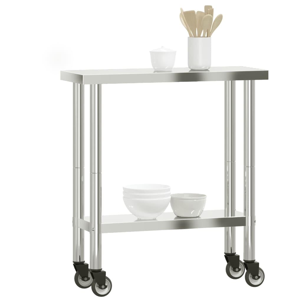 Mesa de trabajo de cocina de acero inoxidable con ruedas, 82,5 x 30 x 85 cm, mesa de restaurante o catering con estante para cocina, bar, bistró, buffet