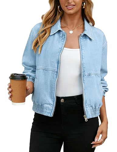 Yeokou Women's Cropped Zip Up Denim Bomber Jacket Elastic Hem Cuffs Stretch Jean Coat for Casual Daily & Commute(LightBlue-S)