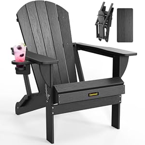 Carauci Plastic HDPE Adirondack Chair, Folding Adirondack Chair Weather Resistant with Cup Holder, Wooden Textured Fire Pit Outdoor Chair for Garden, Porch, Lawn, Backyard, Supports 380LBS, Black