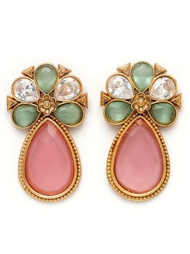Image of Karatcart Silver Tone Diamond Shape Pink and Blue Carved Stone Studded Drop Earrings for Women