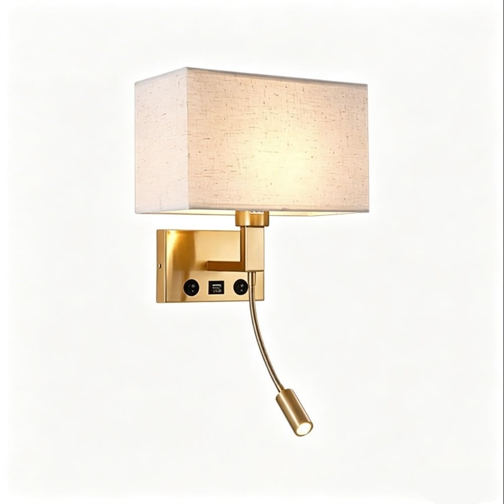 LUOYAOB Hardwired Wall Sconce with USB Port White Fabric Shade Wall Lamp Bedside Reading Light for Bedroom Living Room Hotel Office Wall Lighting Fixture