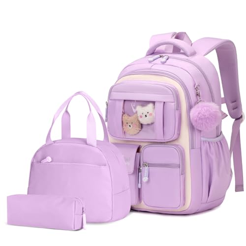 Amythe Schooltas meisjes rugzak kinderen, 3-delige schoolrugzak van nylon met lunchtas, etui, casual schooltas ademend voor schoolreizen, 1e - 5e klas, Paars, 33x17x44 cm, Casual