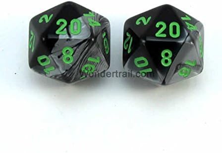 Wondertrail WCXPG2045E2 Black Grey Gemini Dice with Green Numbers D20 Aprox 16mm (5/8in) Pack of 2 Dice Chessex