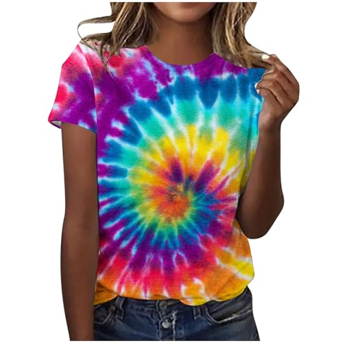AMhomely Summer Tops for Women UK Ladies Tie Dye Tops Plus Size Rainbow Gradient Tunic Blouse Crewneck Casual Pullover Shirts Loose Sports Tee Shirts Active Athletic Blouse Blue L