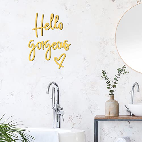 Image of Blulu Hello Gorgeous Wall Decor Sign Hello Gorgeous Wall Art Minimalist Wooden Words Decor for Lash Room, Salon, Vanity or Makeup Room, Bathroom, Bedroom, Office(Gold)