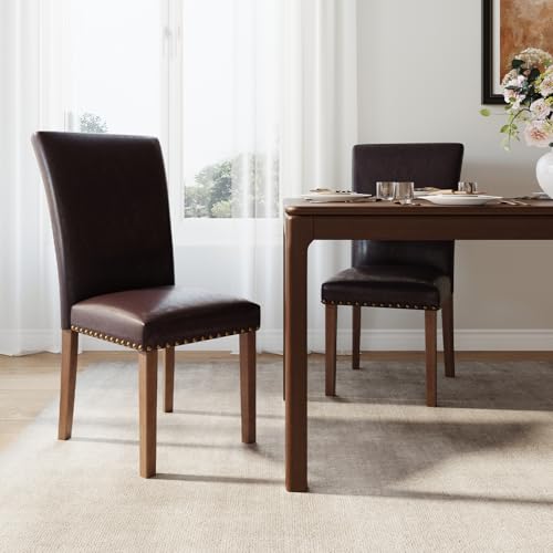Image of Farmhouse Dining Chairs Set of 2, High Back with Wooden Legs and Nailhead Trim, Modern Fabric Dining Room Chair for Kitchen /Restaurant