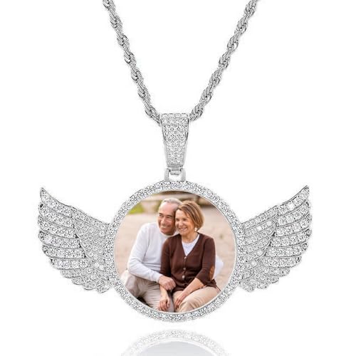 Circle Chain with Picture Pendant for Men Women, Custom Chain Personalized Photo Necklace 18k Gold Plated Iced Out Hip Hop Circle Chain with Wings Big Memorial Necklaces CZ Jewelry Rappers Christmas Gift Rope/Cuban/Tennis Chains