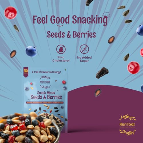 Image of Khari Foods Seeds Berries Snack Trail Mix, 6 in 1 Mix, Roasted Pumpkin, Sunflower, Watermelon Seeds, Cranberries, Black Raisins, Blueberries, Fibre & Protein Rich, No Palm Oil (400g)