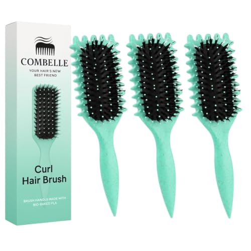 Image of Combelle 5-in-1 Curl Hair Brush | Vegan Boar Bristles | Bio-Based PLA Handle | Detangling, Defining & Frizz Control for Curly & Wavy Hair | For Men & Women - Mint (Pack of 3)