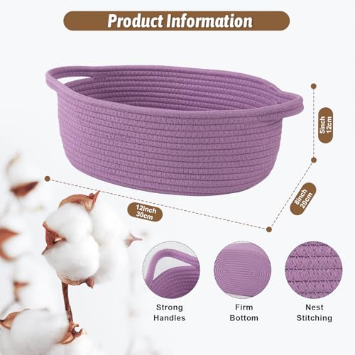 Image of OIAHOMY Small Woven Basket with Gift Bags, Ribbons & DIY Label Card, Baskets for Gifts Empty, Small Rope Basket 12 * 8 * 5IN, Cute Decorative Baskets with Handles for Baby Pets, Toys, Lilac Purple