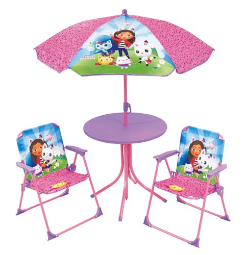 Fun House 713602 Gabby ET LA Maison Magique Salon DE Jardin pour Enfant avec Une Table H.46 X Ø46 CM, Deux CHAISES H.53 X L.38,5 X P.37,5 CM ET Un Parasol...