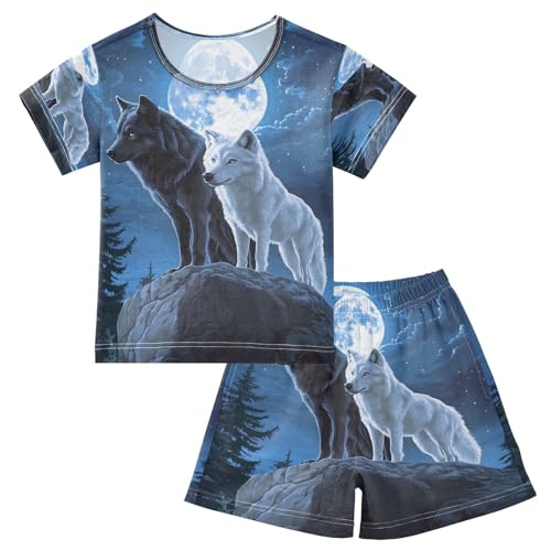 ALAZA Wolf Black White Moon Blue Pajamas Set Short Sleeve Cotton Sleepwear Summer Pjs 2 Piece 5-14Y