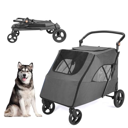 Wedyvko Upgraded Dog Stroller for Medium Large Dogs - Upto 120 lbs Pet Jogger Wagon, Travel Folding Carrier with Adjustable Handle, Sunroof, Rear Brake, Security Leash, Dark Gray