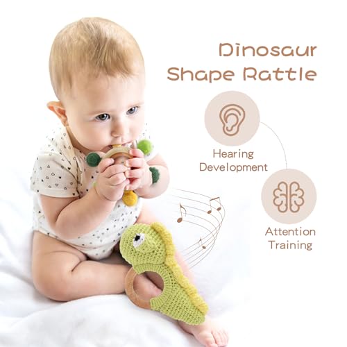 JETM·HH Teether Ring Wooden Baby Rattle Crochet Green Dinosaur Set | Infant Teething Toy | BPA Free Silicone Chewable Rings with Organic Featuring Multiple Textures | Crochet Rattle Baby - Thumbnail 2