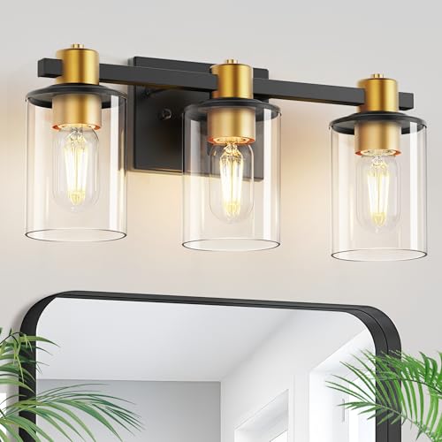 Image of L LOHAS LED Black and Gold Vanity Light, Modern 3-Light Bathroom Light Fixtures with Clear Glass Shade, Vanity Lights for Bathroom Mirror Bedroom Hallway