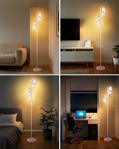 Image of Lightdot 64IN Dimmable Floor Lamp with Globe Clear Glass Shade, Modern Pink Standing Lamps with 4PCS 3000K Bulbs Included,LED Floor Lamp with 5Lbs Heavy Base for Living Room Bedroom / /Sofa Beside