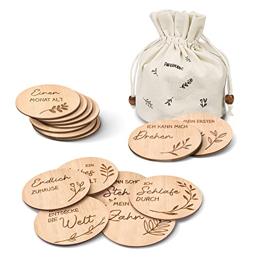 PaperKiddo Lot de 30 cartes de jalon pour bébé - 15 pièces - En bois pendant la grossesse - Cadeau pour les futurs parents et les bébés pour partager des moments de grossesse - Allemand Cover