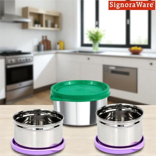 Image of Signoraware Mini Fresh Stainless Steel Container | Airtight & Leakproof | Ideal for Snacks, Kids Lunch, Kitchen Storage & Travel Use (170ml + 140ml + 225ml | Setof3 | Multicolor)