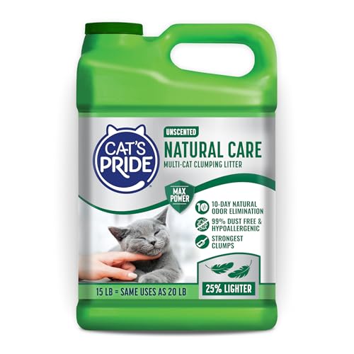 Cat's Pride Max Power: Natural Care - Up to 10 Days of Powerful Odor Control - 100% Natural Odor Elimination - Hypoallergenic - 99% Dust Free - Multi-Cat Clumping Litter, Unscented, 15 Pounds