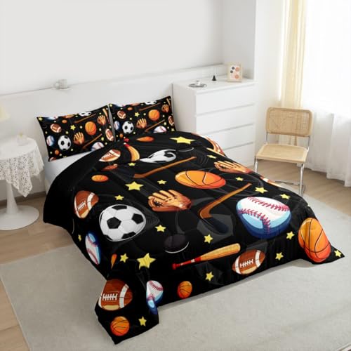 Image of Feelyou Soccer Basketball Comforter Set Queen Size Football Baseball Hockey Bedding Set for Kids Boys Girls Gaming Sports Black Duvet Quilt Bedroom Decor Microfiber 3 Pcs with 2 Pillow Cases